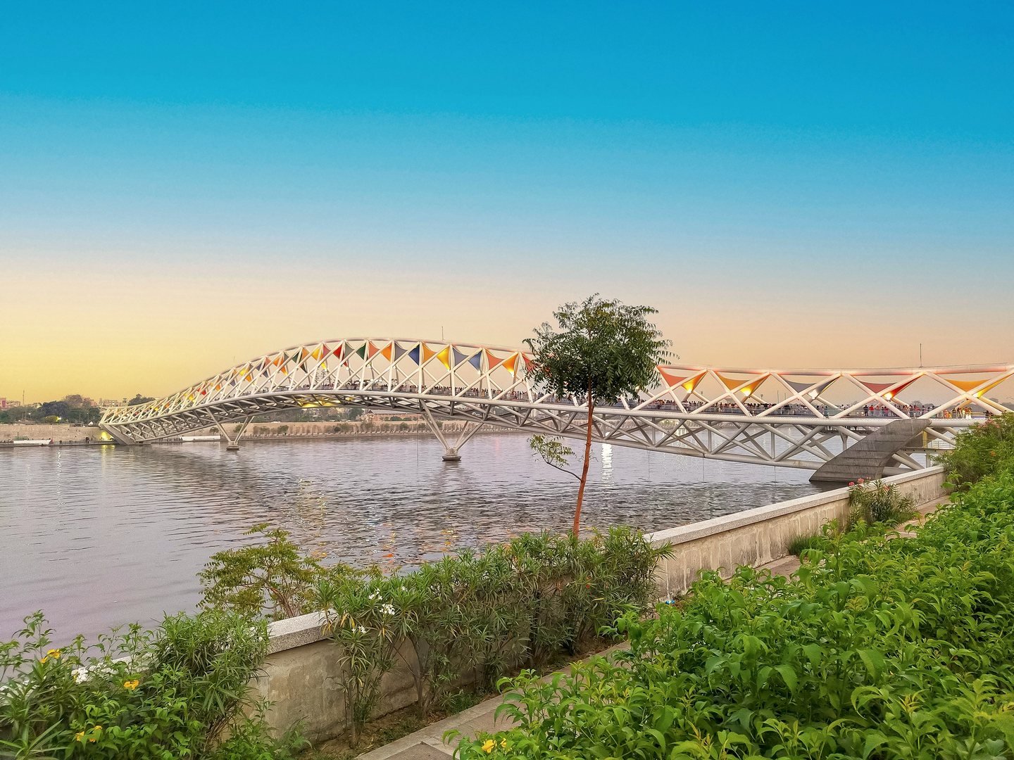 Atal Bridge over the Sabarmati River in Ahmedabad at sunrise